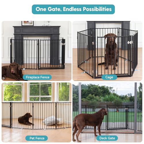 Freestanding Dog Gate with Door for Indoor & Outdoor (Black / 【4 Panels with Door】104"W×30"H)