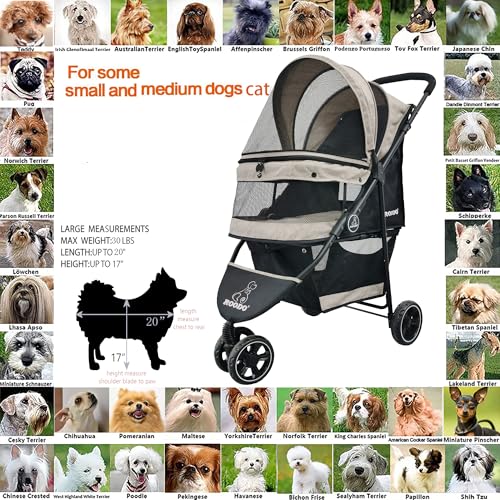 3 Wheel Dog Pet Cat Stroller Best Lightweight Foldable Compact Portable Jogger All Terrain Travel Pet Gear Puppy Kitty Stroller for up to 30lbs Medium Small Dogs and Cats (Light khaki)