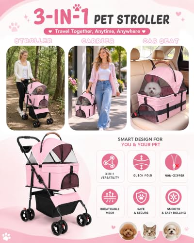 Pet Stroller 3 in1 Foldable Dog Cat Stroller with Detachable Carrier (PINK)