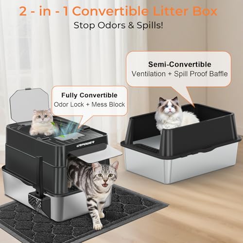 XL Stainless Steel Cat Litter Box with 110° Flip (Matte Black / X-Large)