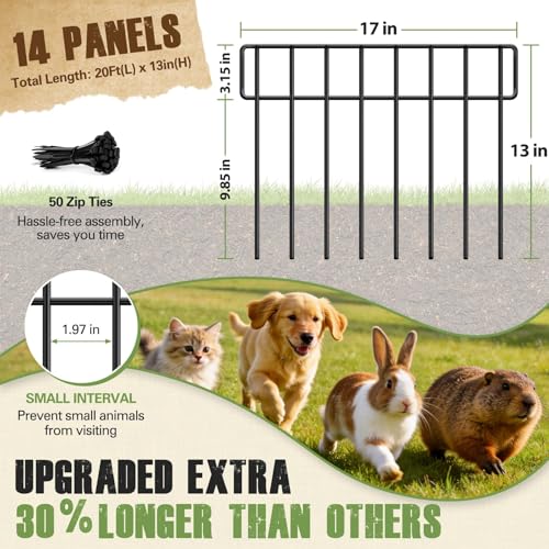 20Ft(L) X 13Inch(H) Animal Barrier Fence - 14 Pack Garden Fence Animal Barrier Garden Border Rustproof Metal No Dig Fence Panels for Dog Rabbit Defense Bottom Blocker for Outdoor Yard Patio (Black | 20 ft(L) X 13 in(H) ,14 pack / Black)
