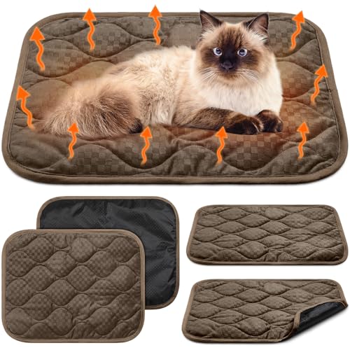 4 Pack Self Warming Cat Mat Self Heating Cat Pad Warm Thermal Pet Bed Washable Dog Crate Pad Body Heat Dog Bed Mat Blanket Non Slip Bottom for Outdoor Indoor Pets (16 x 20 Inch / Coffee)