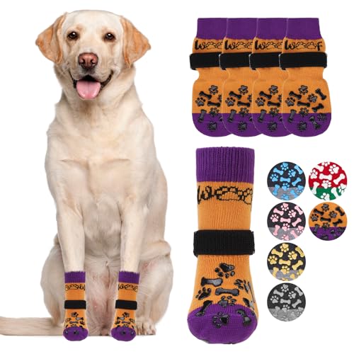 Anti Slip Halloween Dog Socks to Prevent Licking Paws (Orange&purple With Woof / Large (4 Pack))