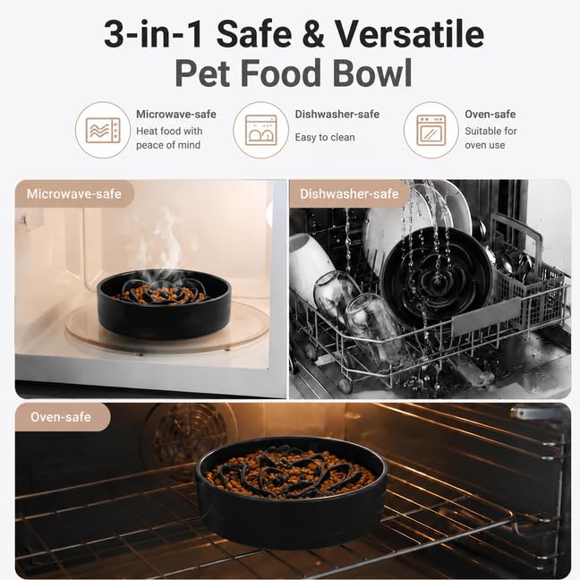 8.66 in Dog Bowl Ceramic Slow Feeder for Medium Large Dogs (Black / 8.66in)