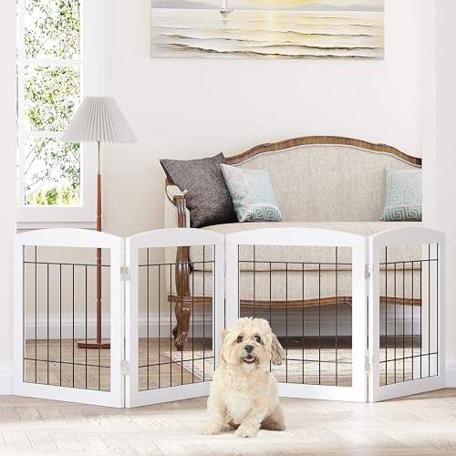 Free Standing Dog Gates for Doorway (White / 【4 Panels】80"W x 24"H)