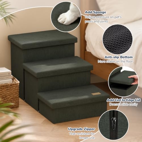 3 Step Wide Dog Stairs with Hidden Storage 18" H (Grey Green / 30"D x 17"W x 17.7"H)