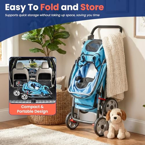 4 Wheel Foldable Pet Stroller (Blue / 4 Wheels)