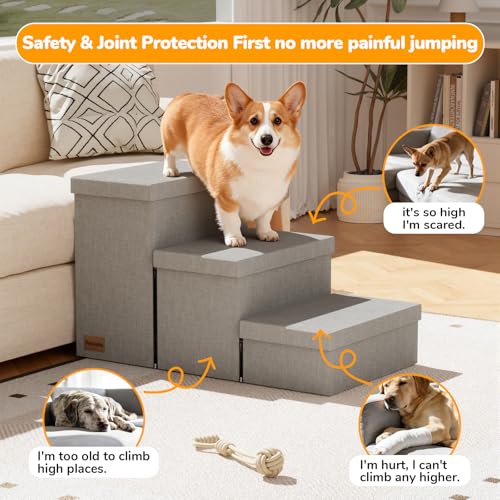 3 Step Wide Dog Stairs 18" H with Removable Cover (Covered Grey / 30"D x 17"W x 17.7"H)