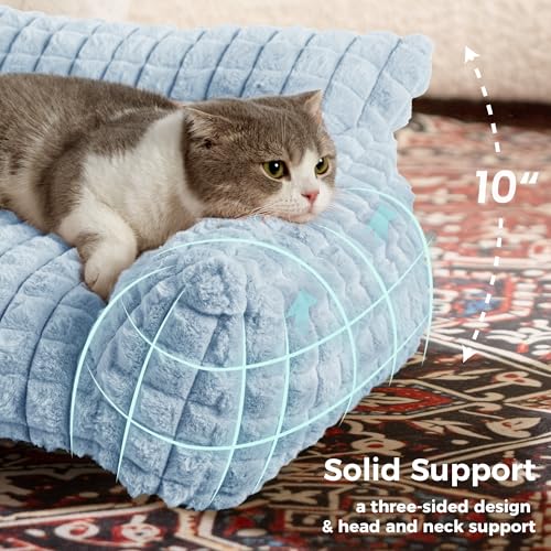 Cat Couch Bed with Fluffy Faux Rabbit Fur for Indoor Cats (Light Blue / Medium: 30"L x 20"W x 10"Th)