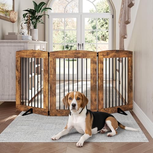 Indoor Dog Gate with Support Feet (Rustic Brown / 【3 Panels】61.4"L x 31.5"H)