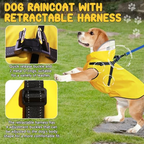 Dog Raincoat Dog Rain Jacket with Reflective Harness & Removable Hood (Large)