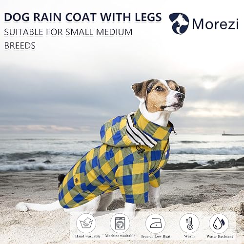 Dog rain Coat Waterproof Raincoat Puppy Jacket with Legs Buttons Zipper Hood Drawstring Fit for Yorkie Terrier Schnauzer Poodle Border Collie Labrador Golden Retriever 8lbs to 80lbs Yellow XS (X-Small / Yellow Plaid)