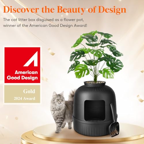 Hidden Plant Cat Litter Box with Stainsteel Scoop (Black)