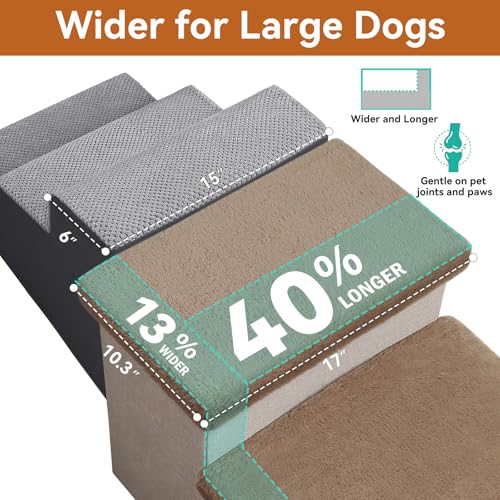 Dog Stairs with Storage Khaki Furry Lids 3 Steps Dog Ramp no Condo (Khaki Furry Lid No Condo / 3)