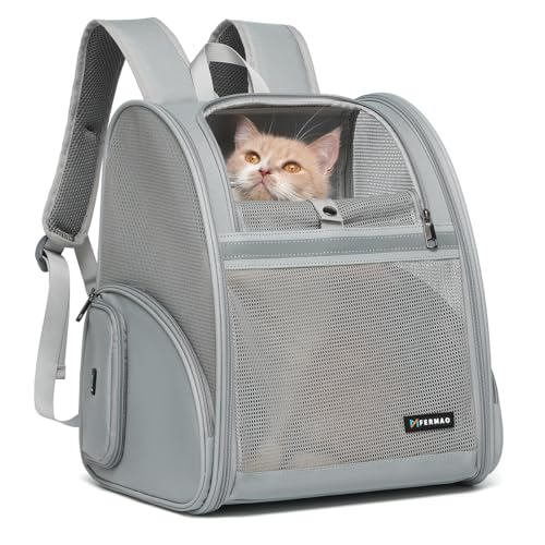 Cat Backpack Carrier for Small Dogs and Medium cat Puppy Kitten Bunny Pet Carrier Backpack Collapsible with Fully Ventilated Mesh with Safety Leash (Gray / 12.9"L x 10.62"W x 15.5"H)
