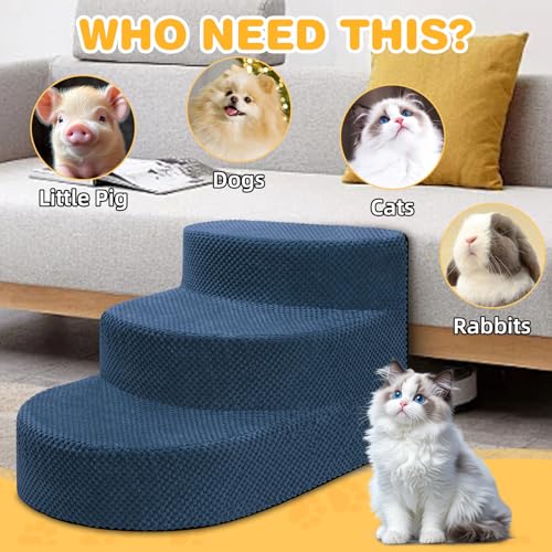 Dog Stairs 3 Steps Foam Pet Ramp for Small Dogs Cats (Navy blue-3-Step)