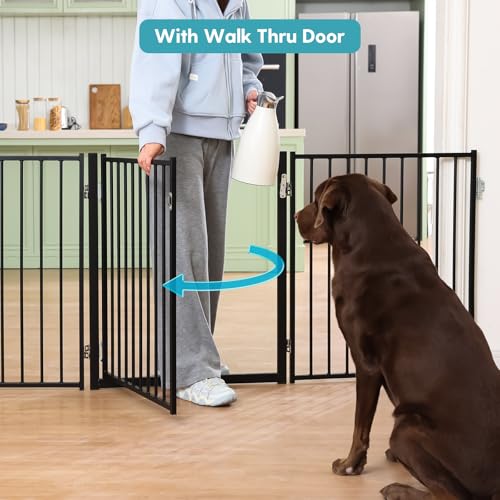 Freestanding Dog Gate with Door for Indoor & Outdoor (Black / 【3 Panels with Door】78"W×30"H)