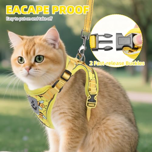 Cat Harness and Leash Set Escape Proof Reflective Cat Walking Harness Adjustable Soft Breathable Mesh Vest for Small Pets (S (NECK 9.5"-11", CHEST 13"-16") / Yellow Bee)