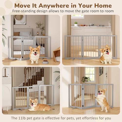 Free Standing Dog Gate Indoor (Gray / 3-Panel, 24"Tall)