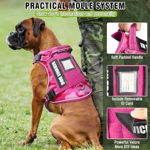 Tactical Dog Harness and Leash Set with 10 Patches for Large Dogs (Large / Camo Pink)