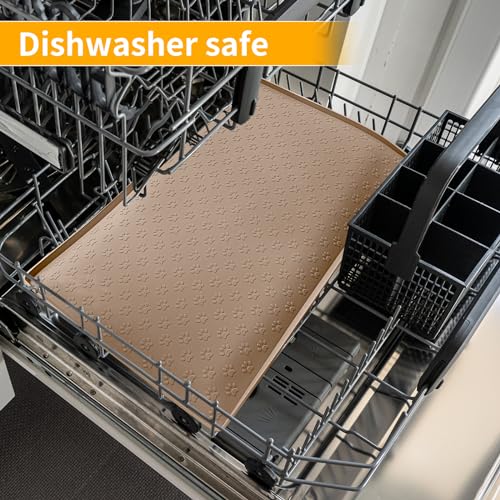 Silicone Dog Food Mat Waterproof Pet Feeding Mat with High (18"L x 12"W / Taupe)