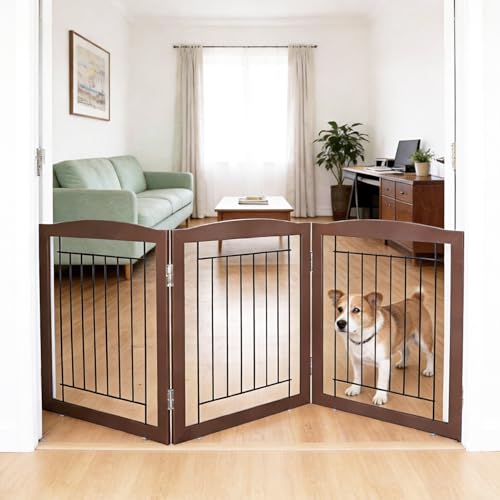 Freestanding Foldable Dog Gate for House Extra Wide Wooden Brown Puppy Gate Stairs Dog Gates Doorways Tall Pet Gate 24 "Height 3 Panels Pet Fence (Brown / 【3 Panels】60''w x 24''h)