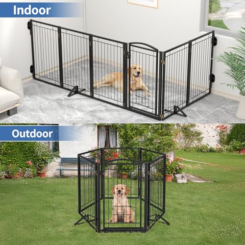 Full Metal Freestanding Dog Gate with Cat Door for Indoor & Outdoor (Black / 【6 Panels with Door】120"W×32"H)