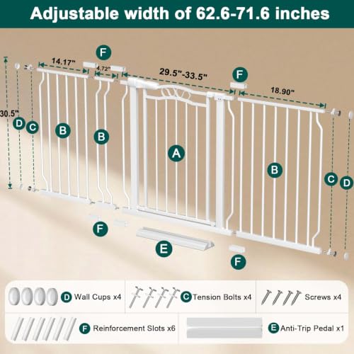 62.5" 71.6" Extra Wide Baby Gate for Doorways Long Dog Pet Gate (White / 62.6"-71.6")