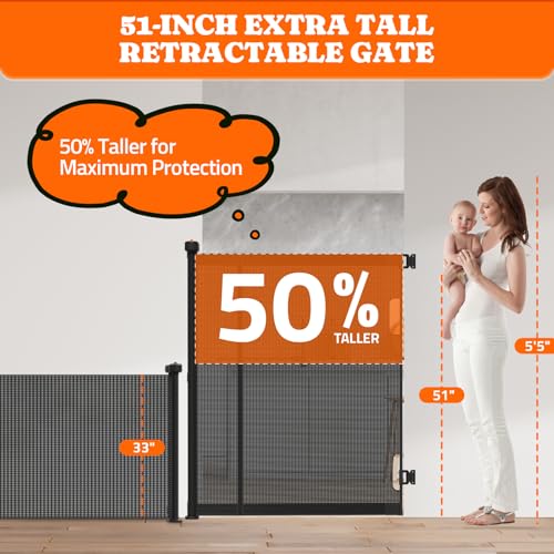 Extra Tall Retractable Baby Gates (Black / 51" Tall x 120" Wide)