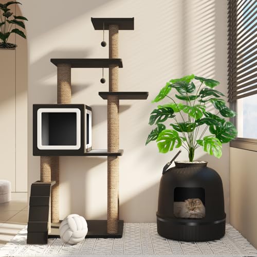 Hidden Plant Cat Litter Box with Plastic Scoop& Litter Liner (Black)