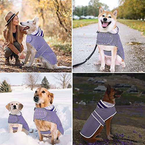 Dog Raincoat for Small Dogs Puppies Waterproof Jacket Hooded Rain Coats with Reflective Strips Leash Hole & Poncho Adjustable Fit (Blue white Stripes / Small)