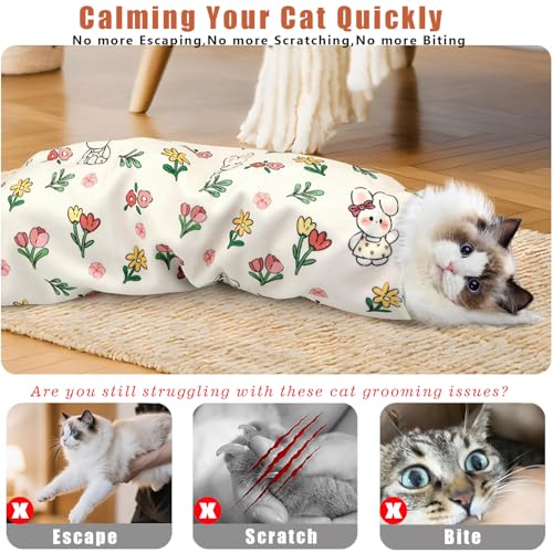 27.6‘’ Cat Grooming Wrap for Cutting Nails (L-27.6'' / Floral rabbit)