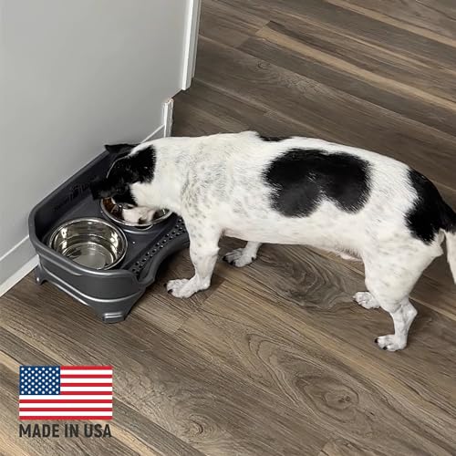 Express Mess Proof Dog Bowls Elevated for Small Breed (Small w/ Metal Slow Feed Bowl / Gunmetal Grey)