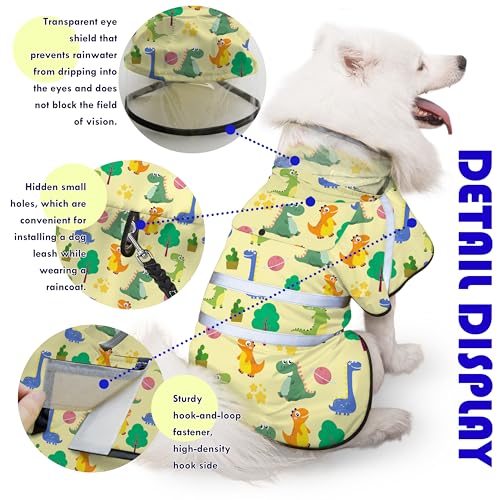 Dog Raincoat Adjustable Rain Jacket with Hooded Double Layer for Large Medium Small Dogs Puppies (Dino Yellow / Small)