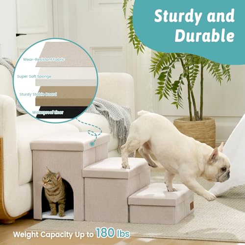 Dog Stairs with Storage (Beige / 32.5x17x17.7 inch)