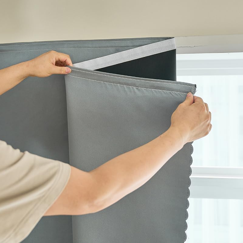 Self Adhesive Curtains 100% Blackout Shades Window Cover Sticky Curtain Portable Easy Open Black Out Curtains for Bedroom Living Room No Drilling (Silver Grey/ Thickened / 59"W x 96"L (Pack of 1))