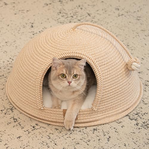 Cat Cave Bed with Washable Cushion and Ball (White)