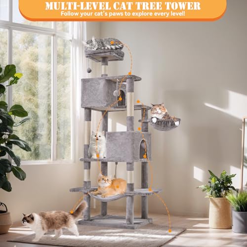 66 Inch Cat Tree Tower for Indoor Cats and Kittens (Light Grey / 66 IN)