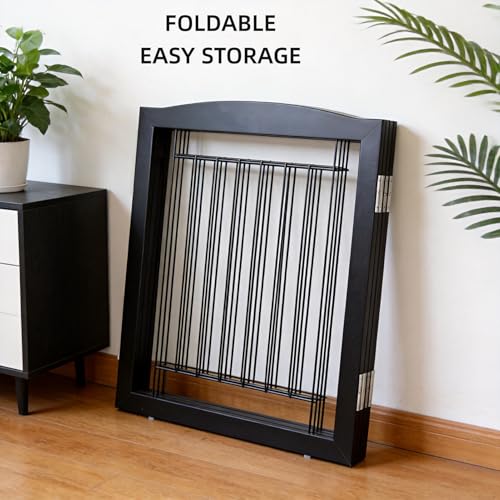 Freestanding Foldable Dog Gate for House Extra Wide Wooden Black Indoor Puppy Gate Stairs Dog Gates Doorways Tall Pet Gate 4 Panels Fence (Black / 【4 Panels】80''w x 32''h)