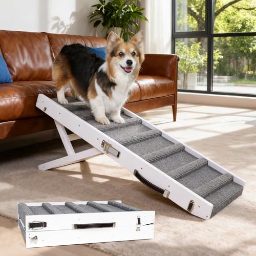 Dog Ramp for Small & Medium Dogs Foldable Pet Ramp for Bed (White / Up to 75 lbs)
