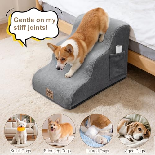 3 Step Dog Stairs for Small Dogs & Cats (Grey / Round-15.7"H)