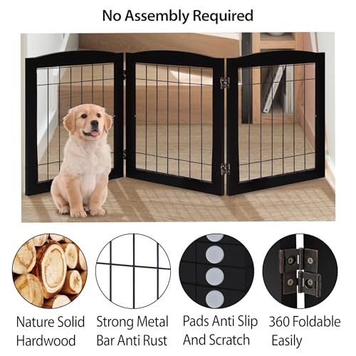 3 Panel Freestanding Foldable Wooden Dog Gate (24"Height-3 Panel / Black)