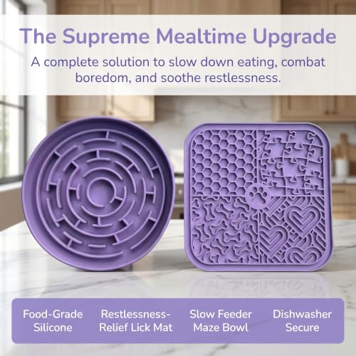 Dog Cat Lick Mat and Slow Feeder Bowl Set (Pink)