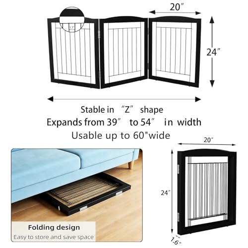 Freestanding Foldable Dog Gate for House Extra Wide Wooden Black Indoor Puppy Gate Stairs Doorways Pet Gate Tall Dog Fence 3 Panels Fence (Black / 【3 Panels】60''w x 24''h)