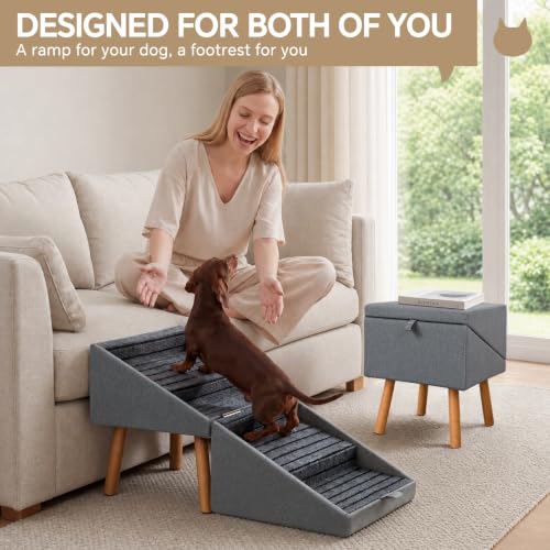 2-in-1 Wooden Pet Stairs & Ottoman 17" H Foldable Dog Ramp with Solid Wood Frame & Tech Cloth Surface Pet Footstool Steps with Non-Slip Surface for Puppy Senior Injured Dogs Couch Bed (Dark Gray / 16.1"L x 16.1"W x 17"H)