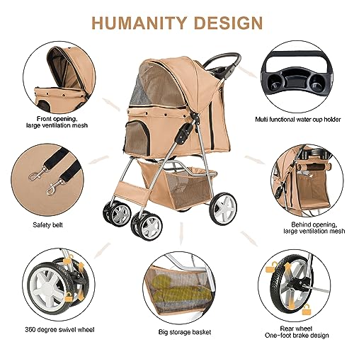 4 Wheel Pet Stroller for Small Dogs and Cats (Beige)