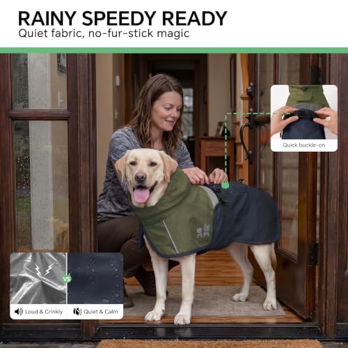 Dog Raincoat Adjustable Hooded Reflective Jacket with Pocket (Olive Navy / Large)