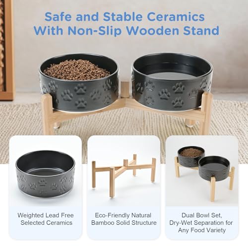 Elevated Dog Bowls Ceramic (7.3 in - 5.3 cups / Paw Black)