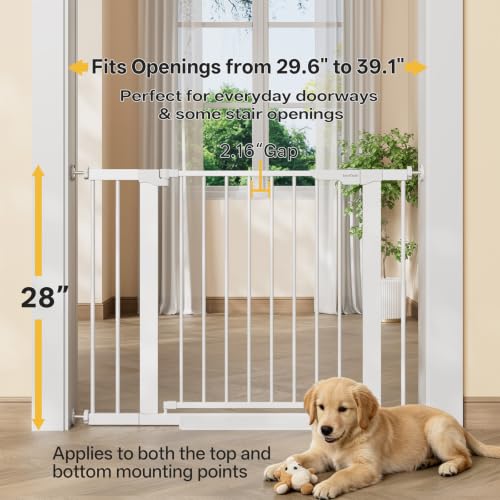 29.6 39.1 in Wide Baby Gate for Stairs and Doorways (White / 29.6-39.1"W x 28"H)