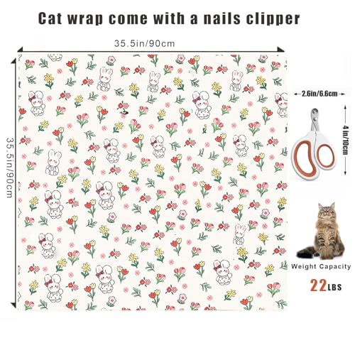 35.5‘’ Cat Grooming Wrap for Cutting Nails (XL-35.5'' / Floral rabbit)
